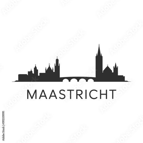 Silhouette cityscape of maastricht netherlands featuring iconic buildings and bridge against a white background