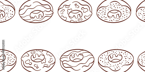 Pattern with donut in line art style. Illustration of glazed and sprinkled pastries on white background for bakery packaging and textile design.