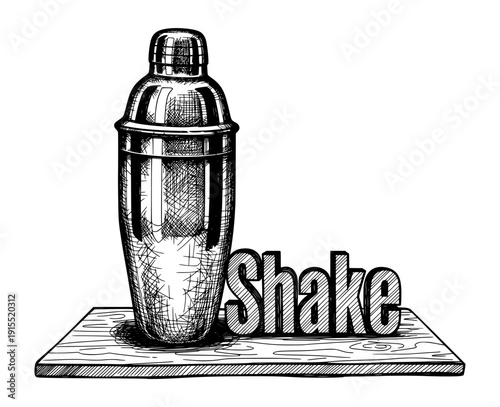 Cocktail Shaker and Text Shake Black and White Engraving Style Vector