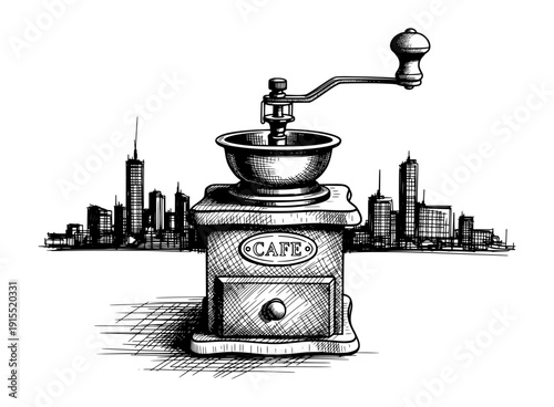 Vintage Coffee Grinder with City Skyline Black and White Engraving Style