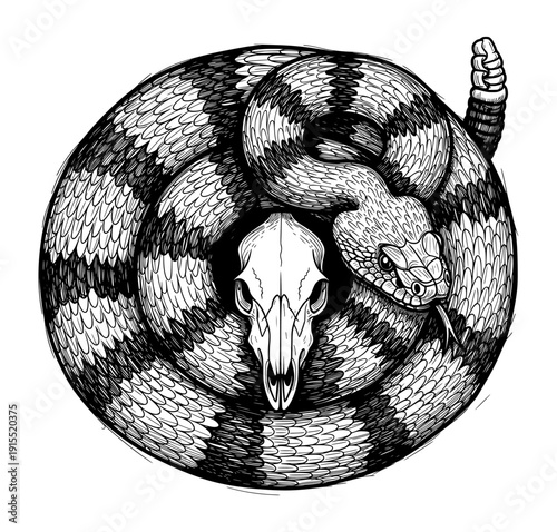 Coiled Rattlesnake and Skull Black and White Engraving Style Vector Illustration