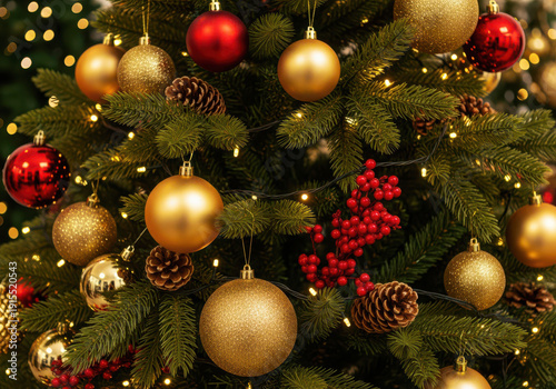 A close-up view of a festive christmas tree adorned with shiny gold and red ornaments, glowing lights, and natural pinecones and berries.