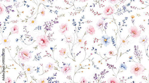 Graceful Hand-Painted Floral Arrangement Creating a Continuous Flow of Spring Blossoms and Garden Vines