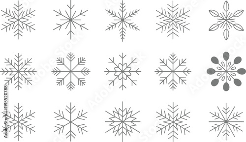 Snowflake vector icon collection, geometric winter frost crystals set minimal outline decorative seasonal symbols clean design pack