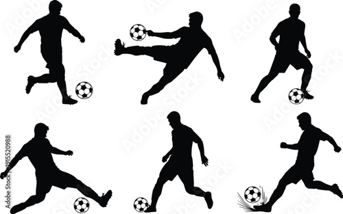 Professional Soccer Player Silhouettes Set with Football Action Poses Dribbling Kicking and Shooting Vector Illustration for Sports Competition Graphic Design