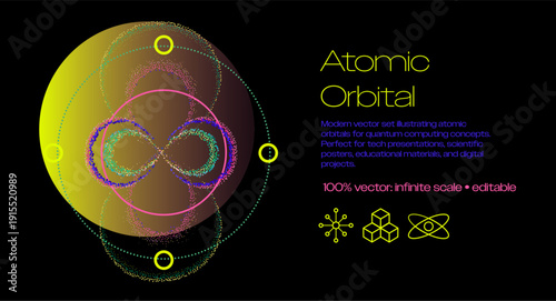 Modern vector illustration depicting atomic orbitals as glowing dotted infinity-loop figures in vibrant neon green, purple, pink, and blue particle trails, encircled by concentric orbital paths.