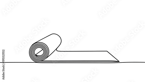 Minimalist line drawing of a rolled rug or carpet on a surface