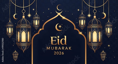 Eid Mubarak 2026 Celebration with Lanterns and Crescent Moon
