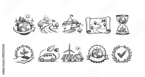 Eco-friendly travel, vacation outline icon set. Sustainable tourism, nature icons.