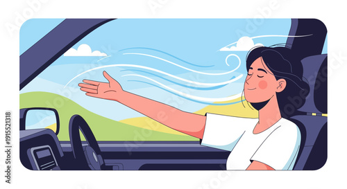 Woman Enjoying Fresh Breeze While Driving Through Scenic Landscape
