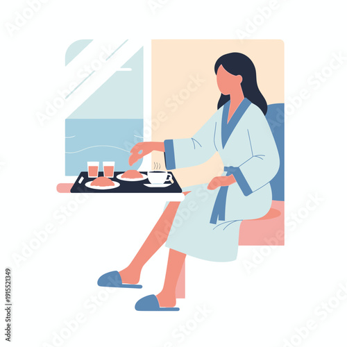 Woman Enjoying Room Service Breakfast by the Window