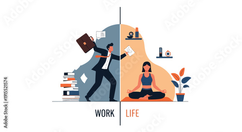 Work Life Balance Concept with Stressed Businessman and Woman Meditating in Yoga Pose