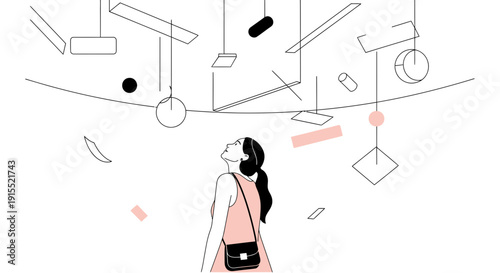 Woman Gazing Up At Abstract Sculpture Installation In Modern Gallery