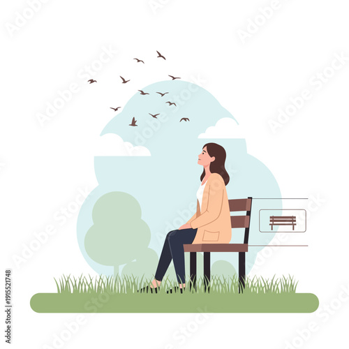 Woman Gazing Up At Birds While Sitting On A Park Bench In Solitude