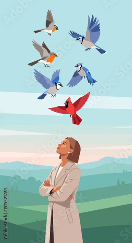Woman Gazing Upwards At Diverse Flock Of Birds Taking Flight Over Rolling Hills