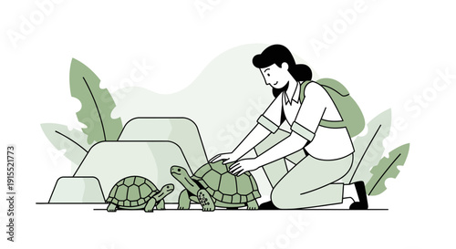 Woman Gently Interacting With Tortoises In A Stylized Outdoor Scene