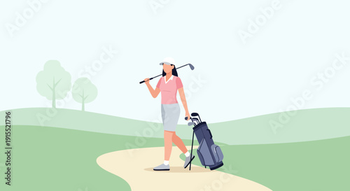 Woman Golfer Walking On Course With Bag And Club Sport Lifestyle