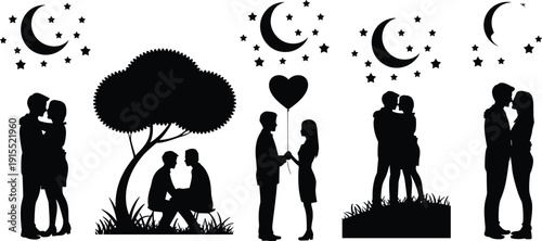 Romantic couple silhouettes under moon and stars in night garden scenes, lovers embracing, heart balloon moment, love and relationship vector collection
