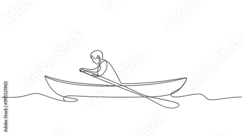A continuous line drawing depicts a man rowing a small boat