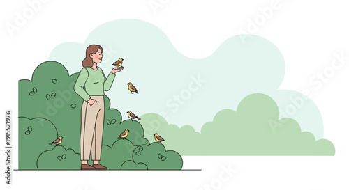 Woman Interacting With Small Birds Among Lush Green Bushes And Sky Background