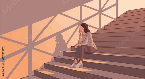Woman Sitting On Stairs With Sunlight Shadow Patterns