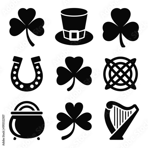 A collection of black St. Patrick's Day icons on a white background