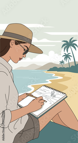 Woman Sketching Tropical Beach Scene Artistic Inspiration Seaside Vacation