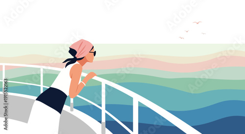 Woman on Cruise Ship Deck Gazing at Abstract Ocean Horizon Serene Travel Scene