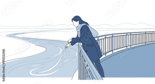 Woman Observing River From Bridge Minimalist Illustration Scenic Waterway