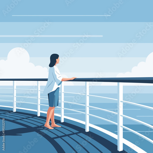 Woman On Cruise Ship Deck Gazing Out At The Ocean Horizon