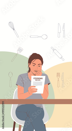 Woman Studying Cooking Recipe With Kitchen Utensils Above