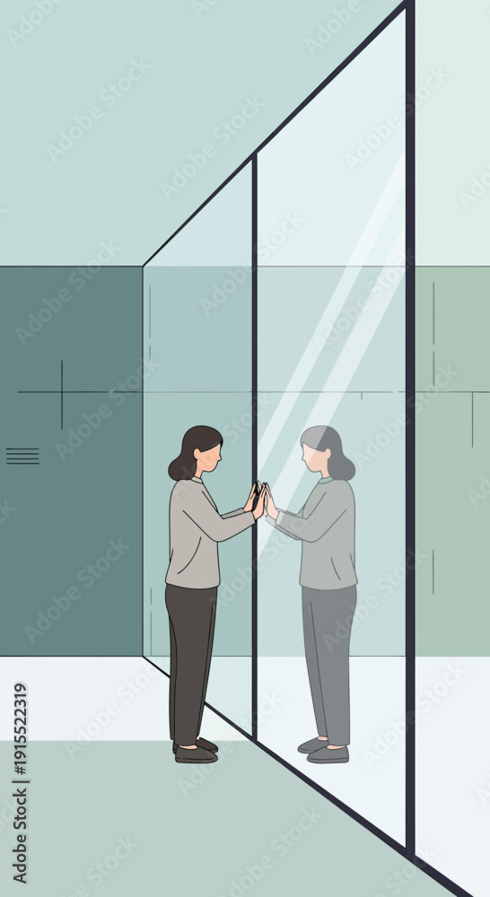 Fototapeta premium Woman Touching Mirror Reflecting Another Woman Facing Her