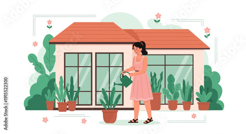 Woman Watering Potted Plants In Front Of A House