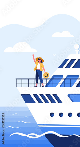 Woman Waving From A Luxury Cruise Ship Deck With Ocean Background