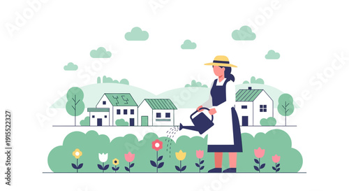 Woman Watering Flowers In A Charming Village Scene