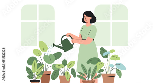 Woman Watering Potted Plants Indoors Near Window