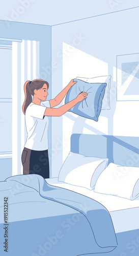 Woman Tidying A Comfortable Bedroom With Soft Blue Tones And Natural Light