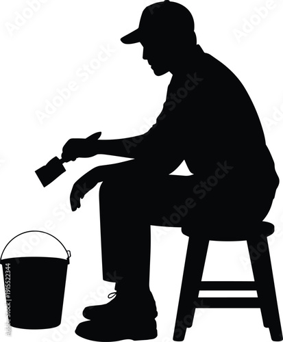Painter sitting on stool holding brush and bucket silhouette, house painting worker vector illustration, renovation and maintenance service concept