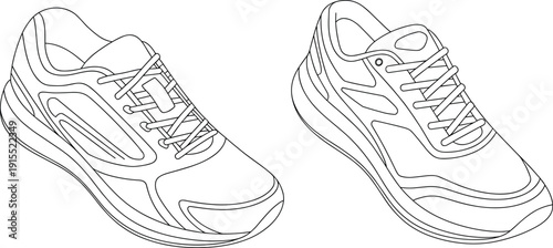 Running shoes vector outline illustration, modern sneakers line art set, sporty footwear design for fitness and training
