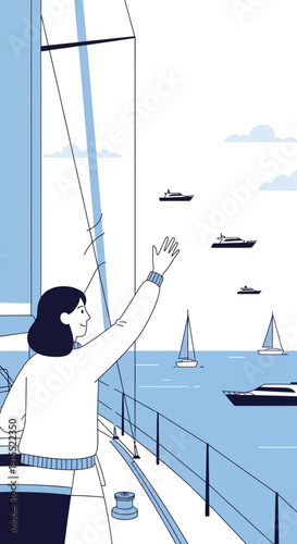 Woman Waving From Sailboat Amidst Busy Yacht Traffic On Ocean