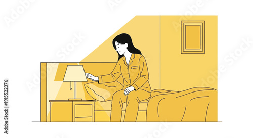 Woman Turning On Bedside Lamp Preparing For Sleep Minimalist Style