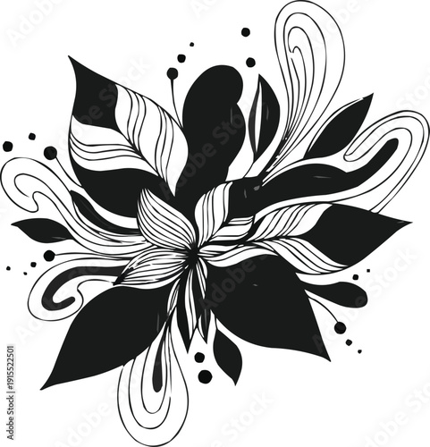  described features a vector graphic that showcases a collection of stylized leaves and swirl elements in a black and white color scheme.