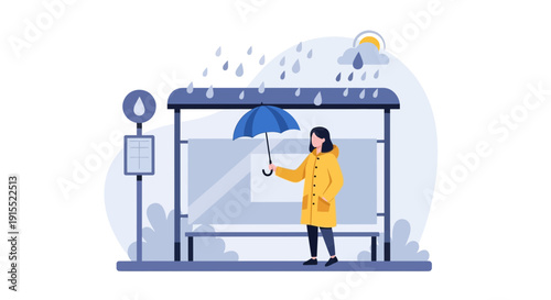 Woman With Umbrella Waiting At Bus Stop During Rainy Day