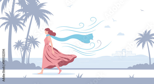 Woman Walking On Beach With Scarf Blowing In The Wind Palm Trees And Ocean