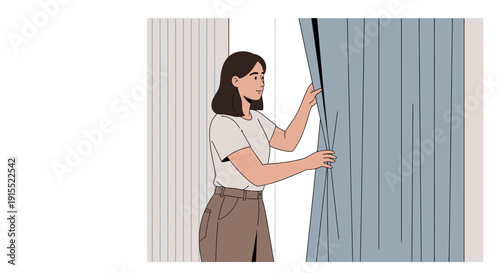 Woman Pulling Open A Window Curtain Revealing Bright Light