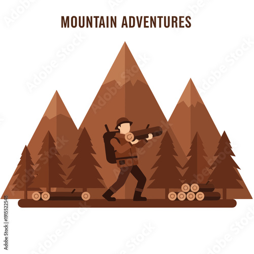 Woodsman Carrying Lumber In Rugged Mountain Forest Landscape Adventure