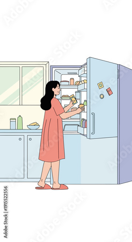 Woman Reaching Into Refrigerator For Food Supplies Daily Routine