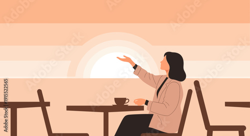 Woman Reaching Towards Sunrise Over Cafe Tables Minimalist Illustration