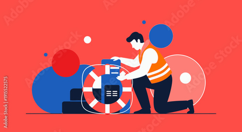 Worker Assembling A Safety Device With Geometric Shapes Background