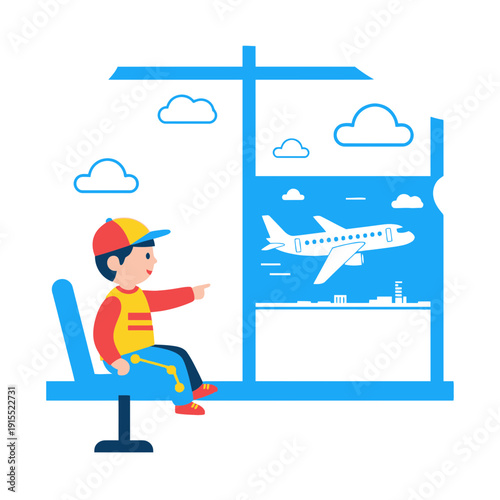 Young Boy Anticipates Airplane Departure While Seated In Departure Lounge